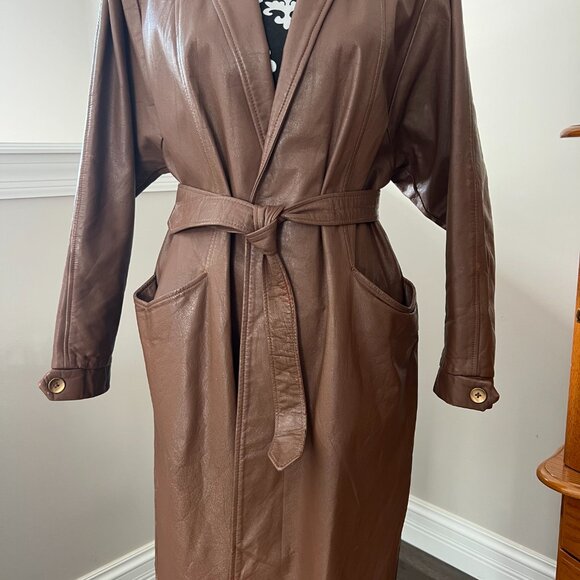 Vintage Brown Leather Long Belted Coat - Picture 3 of 13